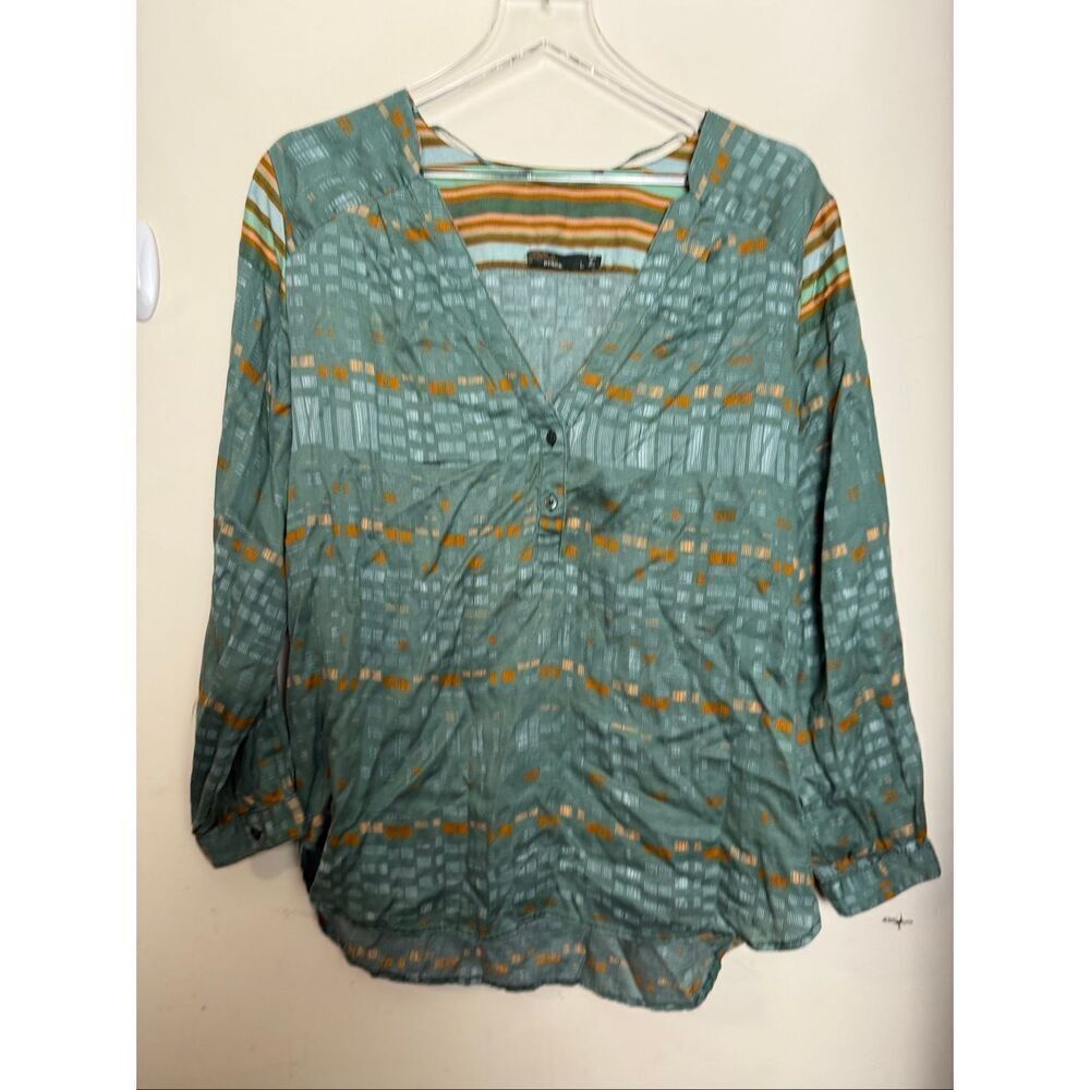 prAna Elsie Peacock Tencel Green Geometric Print V Neck Tunic Top Size Large Art
